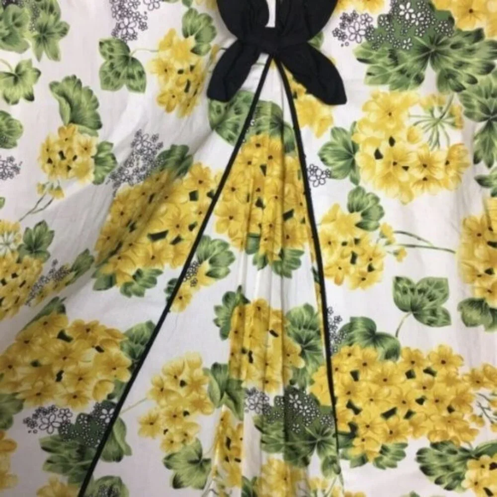 Speechless Retro Yellow Floral A-Line Skirt M Bow VLV Pin-Up Twee Coquette Knee
